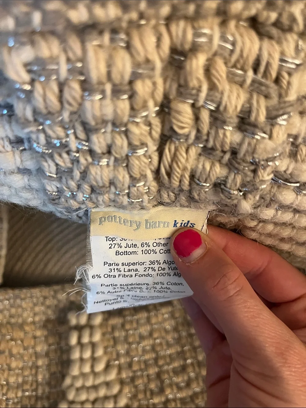 Pottery Barn Kids Cream Textured Knit Pouf with Diamond Bobble Detail